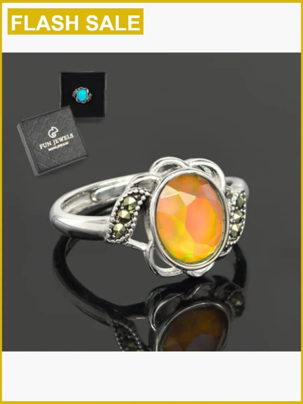 Vintage Flower Mood Ring Adjustable Brass Crystal Size 8mm